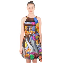 Outside The Window-swimming With Fishes Halter Collar Waist Tie Chiffon Dress