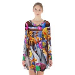 Outside The Window-swimming With Fishes Long Sleeve Velvet V-neck Dress