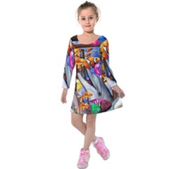 Outside The Window-swimming With Fishes Kids  Long Sleeve Velvet Dress