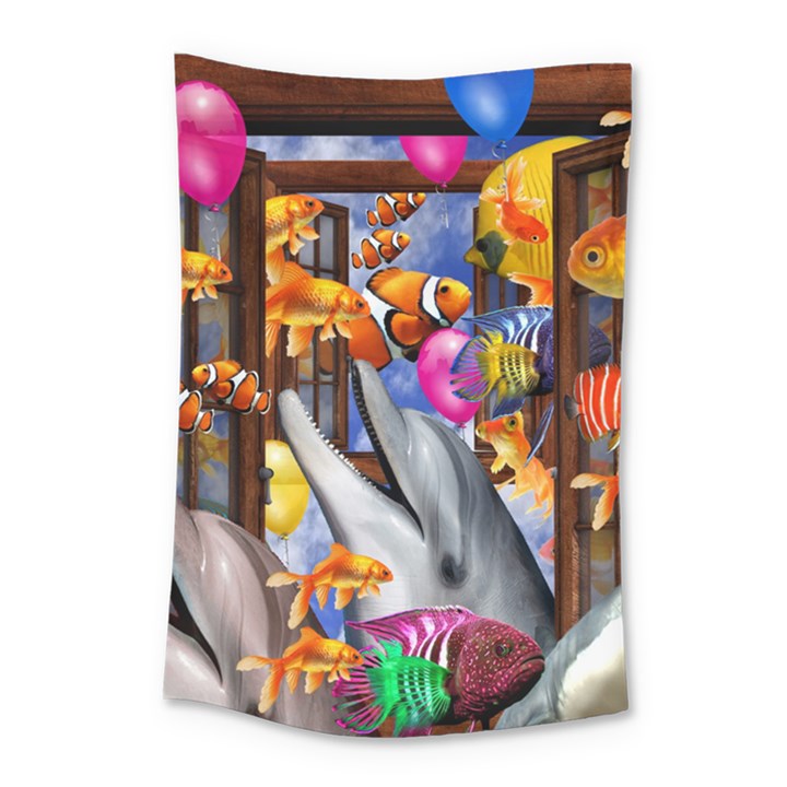 Outside The Window-swimming With Fishes Small Tapestry