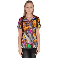 Outside The Window-swimming With Fishes Women s V-Neck Scrub Top