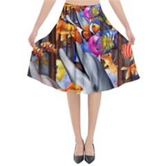 Outside The Window-swimming With Fishes Flared Midi Skirt