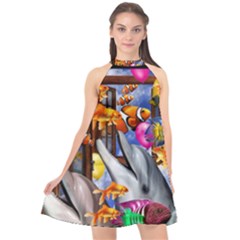 Outside The Window-swimming With Fishes Halter Neckline Chiffon Dress  by impacteesstreetwearcollage