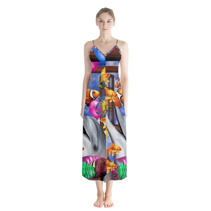 Outside The Window-swimming With Fishes Button Up Chiffon Maxi Dress