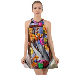 Outside The Window-swimming With Fishes Halter Tie Back Chiffon Dress