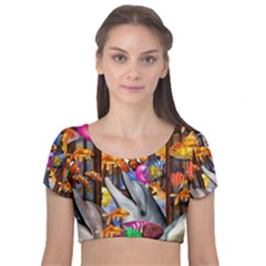 Outside The Window-swimming With Fishes Velvet Short Sleeve Crop Top 