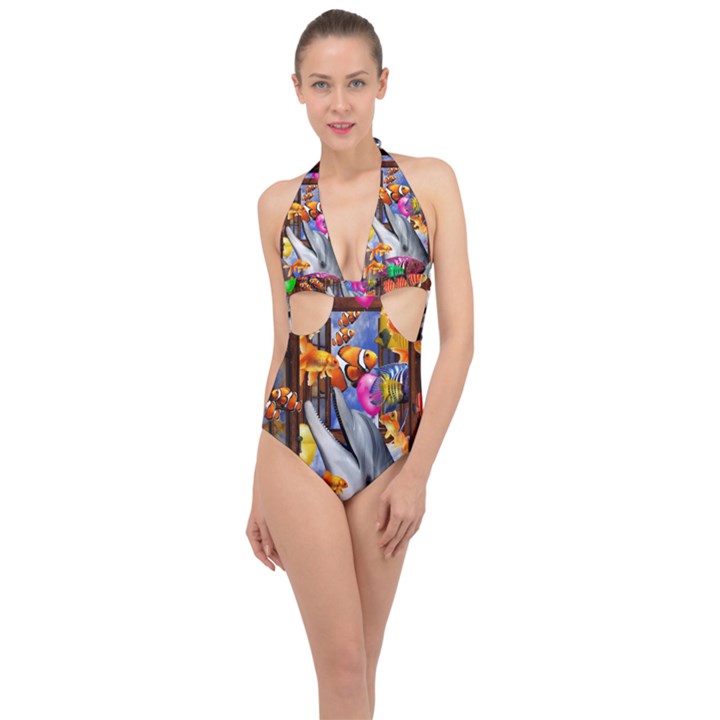 Outside The Window-swimming With Fishes Halter Front Plunge Swimsuit