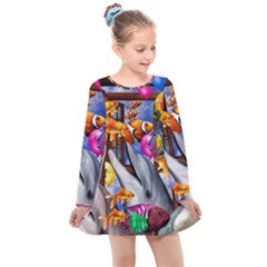 Outside The Window-swimming With Fishes Kids  Long Sleeve Dress