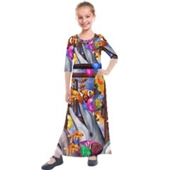 Outside The Window-swimming With Fishes Kids  Quarter Sleeve Maxi Dress