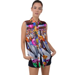 Outside The Window-swimming With Fishes Sleeveless Chiffon Button Shirt