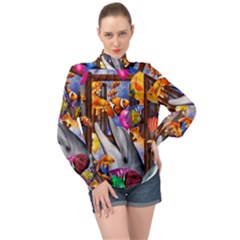 Outside The Window-swimming With Fishes High Neck Long Sleeve Chiffon Top