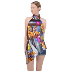 Outside The Window-swimming With Fishes Halter Asymmetric Satin Top