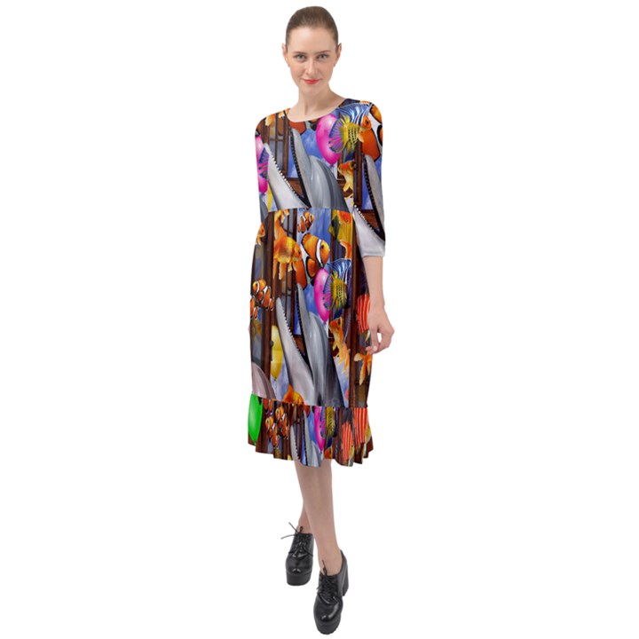 Outside The Window-swimming With Fishes Ruffle End Midi Chiffon Dress