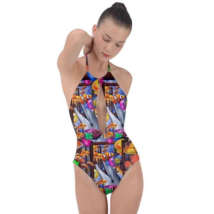 Outside The Window-swimming With Fishes Plunge Cut Halter Swimsuit