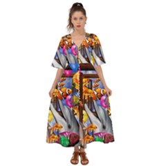 Outside The Window-swimming With Fishes Kimono Sleeve Boho Dress