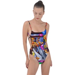 Outside The Window-swimming With Fishes Tie Strap One Piece Swimsuit