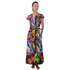 Outside The Window-swimming With Fishes Flutter Sleeve Maxi Dress