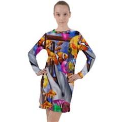 Outside The Window-swimming With Fishes Long Sleeve Hoodie Dress