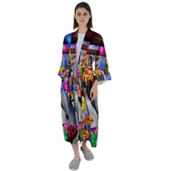 Outside The Window-swimming With Fishes Maxi Satin Kimono