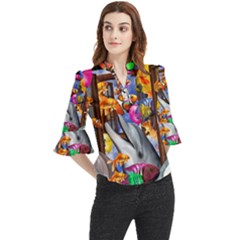 Outside The Window-swimming With Fishes Loose Horn Sleeve Chiffon Blouse