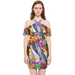 Outside The Window-swimming With Fishes Shoulder Frill Bodycon Summer Dress