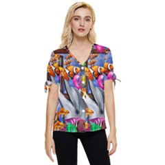 Outside The Window-swimming With Fishes Bow Sleeve Button Up Top