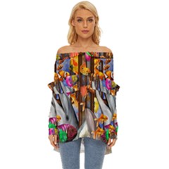 Outside The Window-swimming With Fishes Off Shoulder Chiffon Pocket Shirt