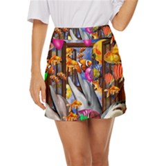 Outside The Window-swimming With Fishes Mini Front Wrap Skirt