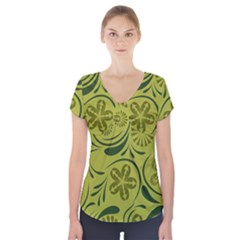 Folk Flowers Pattern  Short Sleeve Front Detail Top by Eskimos