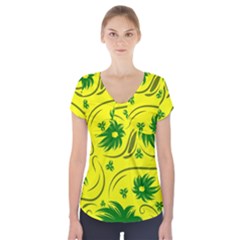 Folk Flowers Pattern  Short Sleeve Front Detail Top by Eskimos