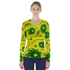 Folk Flowers Pattern  V-neck Long Sleeve Top by Eskimos