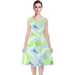 Folk Flowers Pattern  V-neck Midi Sleeveless Dress  by Eskimos