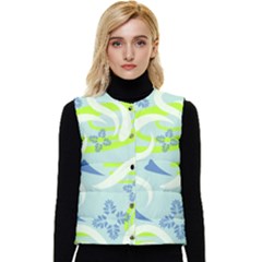 Folk Flowers Pattern  Women s Short Button Up Puffer Vest