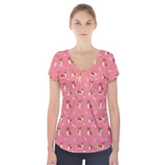 Cute Corgi Dogs Short Sleeve Front Detail Top by SychEva