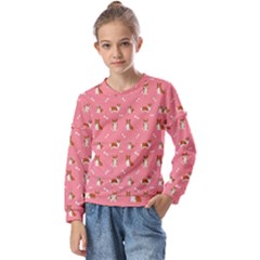 Cute Corgi Dogs Kids  Long Sleeve Tee With Frill 