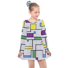 Colorful Rectangles Kids  Long Sleeve Dress by LalyLauraFLM