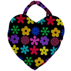 Colorful Flowers On A Black Background Pattern                                                            Giant Heart Shaped Tote by LalyLauraFLM