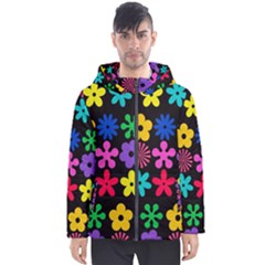 Colorful Flowers On A Black Background Pattern                                                            Men s Hooded Puffer Jacket