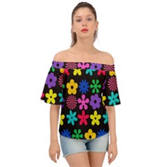 Colorful Flowers On A Black Background Pattern                                                           Off Shoulder Short Sleeve Top by LalyLauraFLM