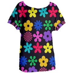 Colorful Flowers On A Black Background Pattern                                                          Women s Oversized Tee by LalyLauraFLM