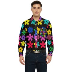 Colorful Flowers On A Black Background Pattern      Men s Long Sleeve Pocket Shirt