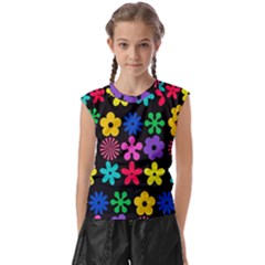 Colorful Flowers On A Black Background Pattern  Kids  Raglan Cap Sleeve Tee