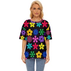 Colorful Flowers On A Black Background Pattern   Oversized Basic Tee