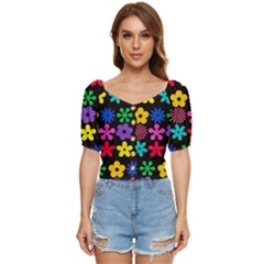 Colorful Flowers On A Black Background Pattern                                                       Button Up Blouse