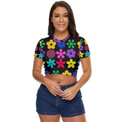 Colorful Flowers On A Black Background Pattern                 Side Button Cropped Tee