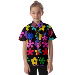 Colorful Flowers On A Black Background Pattern           Kids  Short Sleeve Shirt