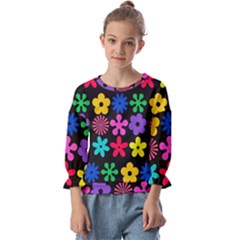 Colorful Flowers On A Black Background Pattern                                                          Kids  Cuff Sleeve Top