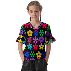 Colorful Flowers On A Black Background Pattern                                                 Kids  V-neck Horn Sleeve Blouse