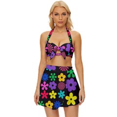 Colorful Flowers On A Black Background Pattern                                                       Vintage Style Bikini Top And Skirt Set