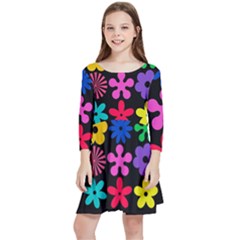 Colorful Flowers On A Black Background Pattern                                                              Kids  Quarter Sleeve Skater Dress by LalyLauraFLM